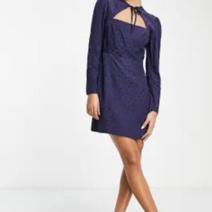 Polka dot Long Sleeve Navy tie front mini Dress